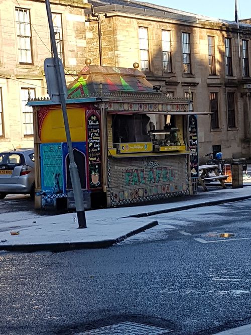 On a snowy day at Mrs Falafel in Glasgow