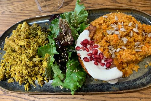 Tofu, mushrooms, broccoli, salad, squash, red lentils   at Naya Studio in Paris