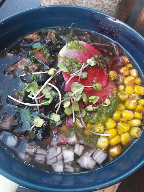 Ramen with mushroom. The waiter asked from the kitchen that the broth is vegan. at Vorstid & Vahvlid in Parnu