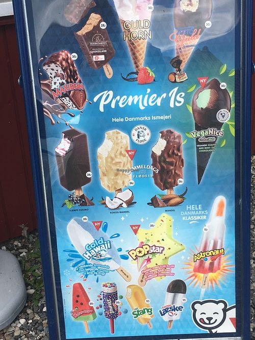 Icecreams - veganice Waffle and a few other icecream such as ‘læske’ and ‘cold hawaii’ and ‘watermelon’. Check at each icecream.  at Spisestedet in Stege