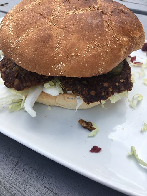 Meat ball sandwich with vegan mayo, salad, pickled cucumber and red cale. at Spisestedet in Stege