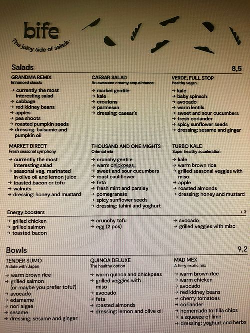 english menu at BIFE in Ljubljana