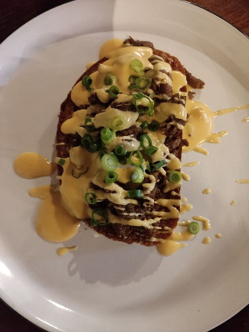 Topinka (fried bread with soy chunks and cheesy sauce) at Shromaždiště in Prague