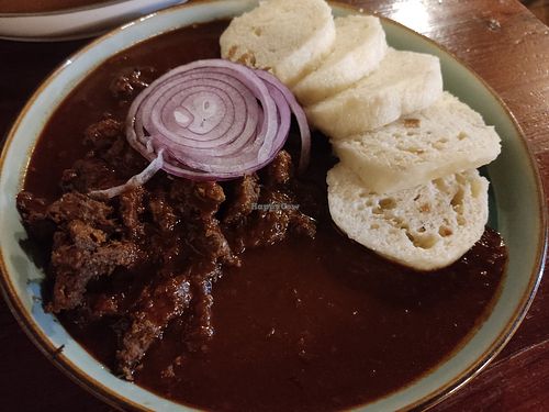 Goulash with soy chunks and dumplings at Shromaždiště in Prague