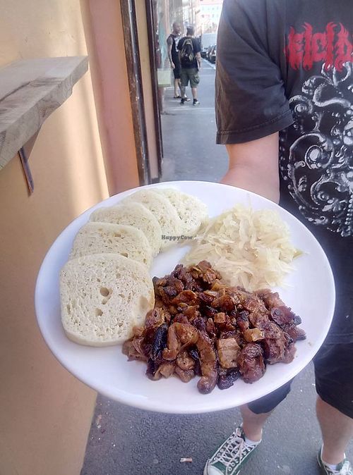 Soy-meat with dumplings and cabbage at Shromaždiště in Prague