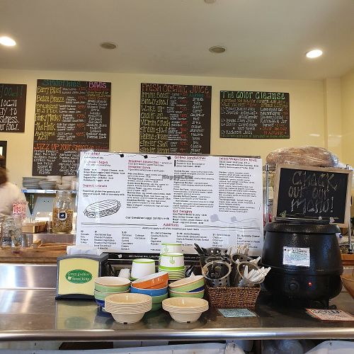 Menu and counter at Green Goddess Market & The Scape Cafe in Lake Placid