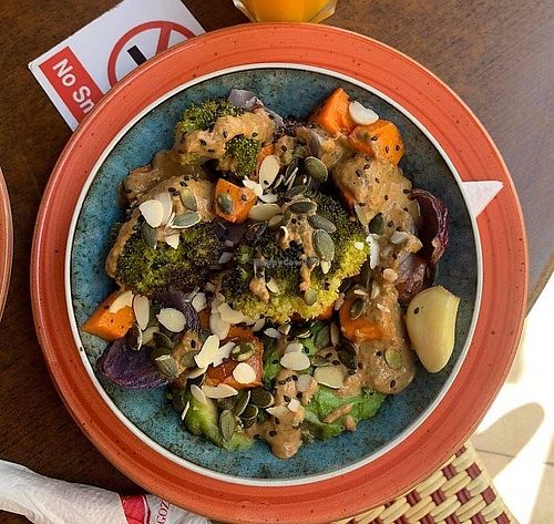 Vegan sweet potato satay bowl - roasted sweet potato, garlic, onions, quinoa and satay dressing. at Mo's Diner in Ir-rabat Ghawdex