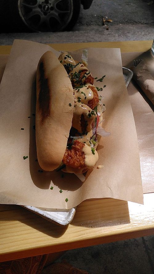 Hot dog with fried cauliflower - DELICIOUS  at The Vegan Vandal in Athens
