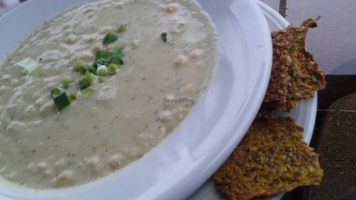 Almond Based Corn Chowder! at Organic Garden Cafe in Beverly