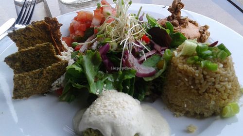 Sample Plate... Falafel, Sunseed Crouquettes, Chevre & Crackers, Bomblette, Salad, Brown Rice & Quinoa at Organic Garden Cafe in Beverly