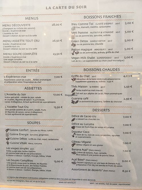 Menu at Sol Semilla in Paris