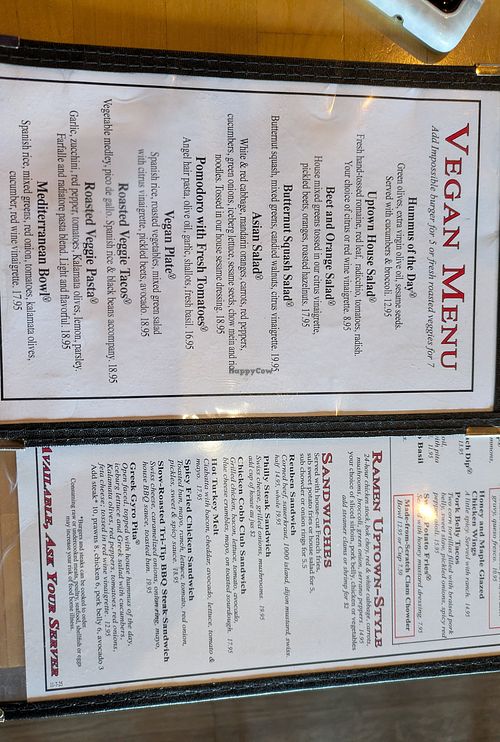 Vegan menu at Uptown Grill in Olympia