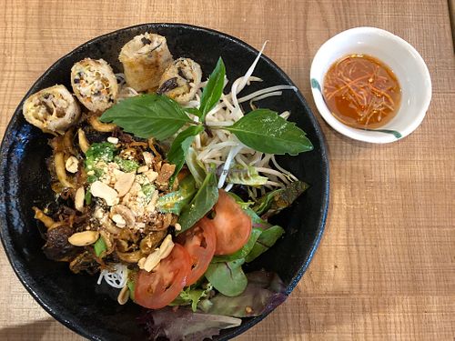 Vegan Verm. Lemongrass chili, spring roll, oyster mushroom, king oyster mushroom, wood ear mushroom, carrot, fresh herbs, salad, peanut, on vermicelli. at Do Chay - Yaletown in Vancouver