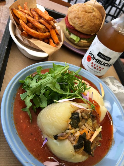 burger and fries and weekly dish (filled bell pepper with mashed potatoes) at Kucha: Arkade in Ljubljana
