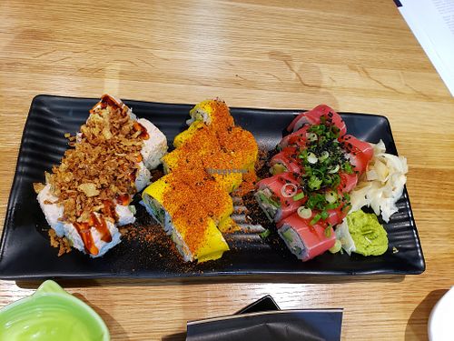 krunchy krab, fiery philly, hot flamingo. all so yummy. i don't have a favorite. maybe crunchiness of krunchy krab. maybe. at Wellness Sushi in Denver