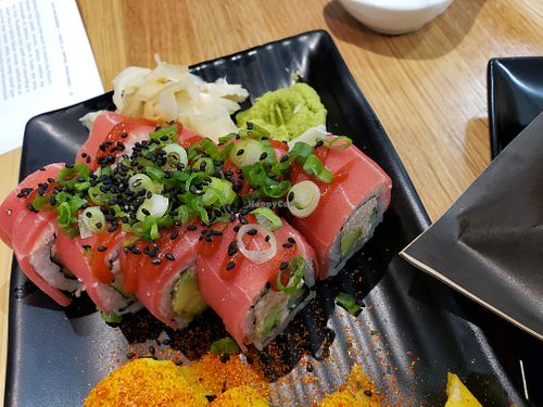 6) HOT FLAMINGO ROLL (GLUTEN-FREE)
Wellness's Krab Salad, Avocado, Cucumber, Vegan Tuna Sashimi, Sriracha Sauce, Chili Thread
-- more yumminess at Wellness Sushi in Denver