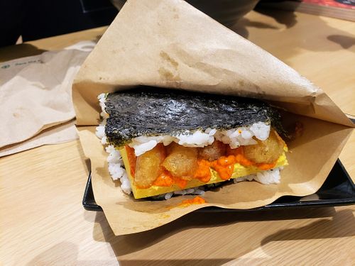 EBI TEMPURA ONIGIRI - tasty. tasty and i prefer teriyaki beef onigiri and tofu onigiri at Wellness Sushi in Denver