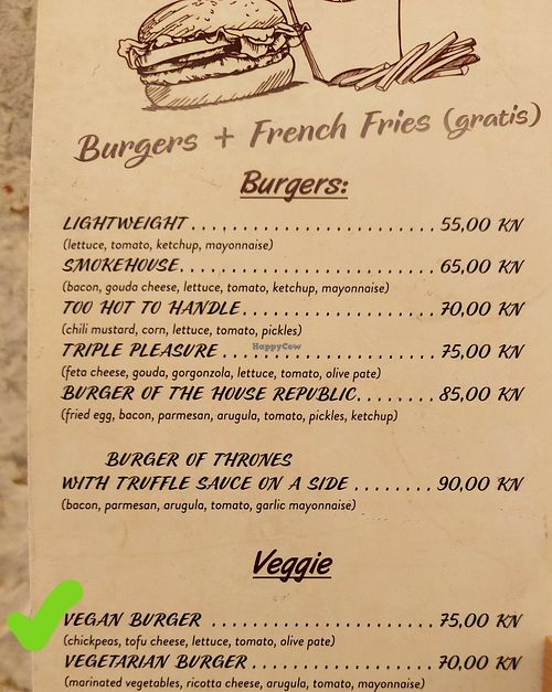 Vegan burger for 75 kunas at Republic Burger House in Dubrovnik