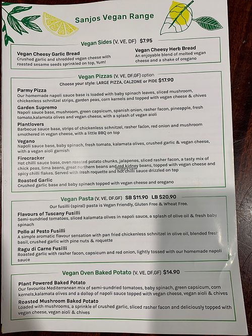 Menu  at Sanjos in Wodonga