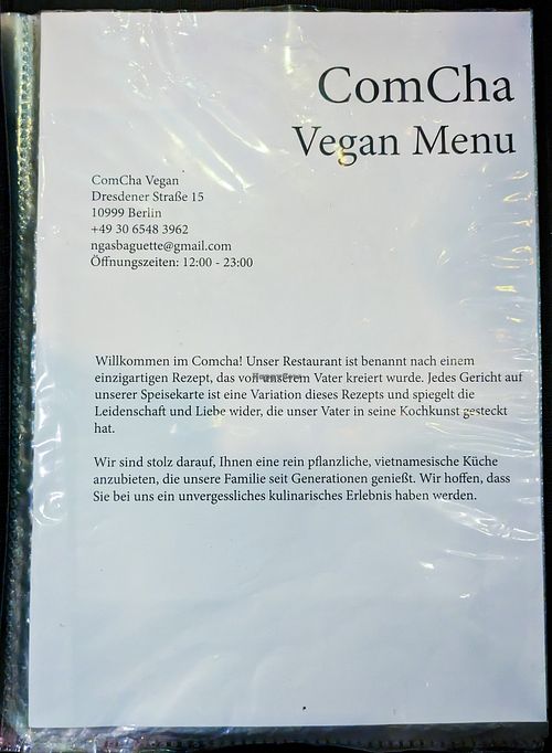Menu page at Comcha Vegan at Comcha Vegan in Berlin