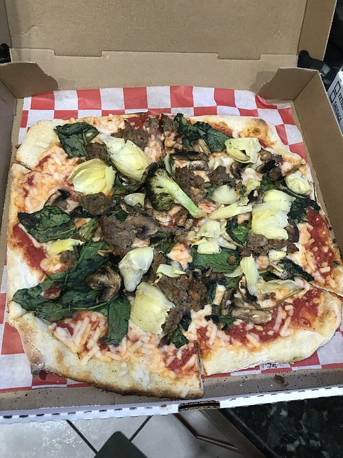 Pizza w/ Faux sausage, spinach, and artichoke at Garden Patch at AJ's Stone Oven Pizzeria in Norton
