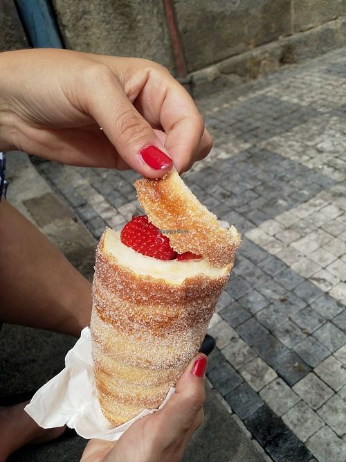 Traditional trndelnik with strawberry’s  at Sweet Dreams in Prague