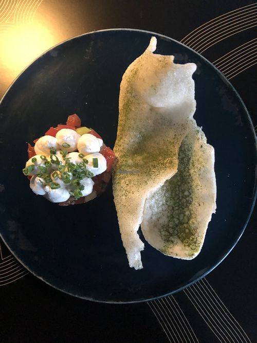 Heirloom tomatoes, horseradish almond cream and rice cracker at Rogue Bistro in Newstead