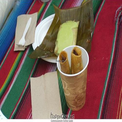 Banana leaf tamale and soy taquitos made by Flaco's in Berkeley at Flacos in Berkeley