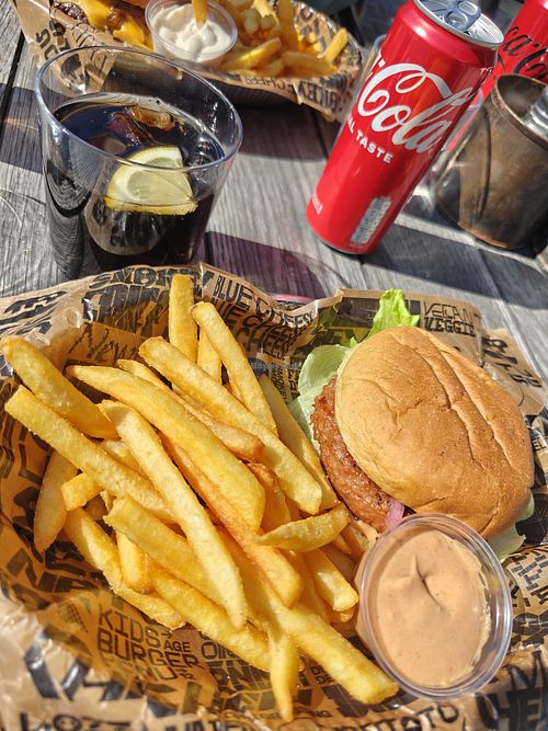 Only one vegan option but a great one, a good burgerdressing and a burbonsauce make this a great burger, good fries too, a nice place to sit outside for spring or summer at Tugg Burgers in Malmo