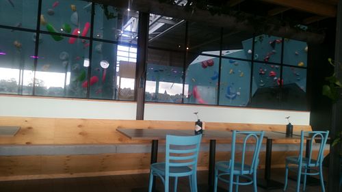 From the restaurant you also have a view of the bouldering hall. at Bouldergym BAZ in Zaandam