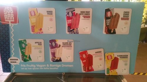 They have an assortment of IJsbaar gourmet popsicles, most of which are vegan, including the choco cookie dough and elderflower raspberry.  at Bouldergym BAZ in Zaandam