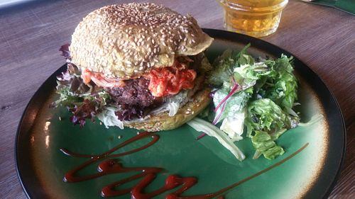 Korea burger with homemade bean patty, sunflower cheeze and kimchi.  at Bouldergym BAZ in Zaandam