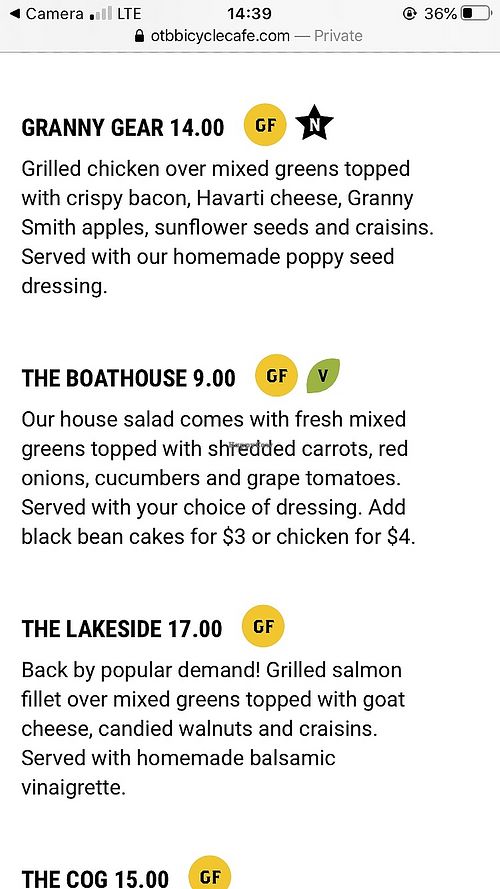 Menu at OTB Bicycle Cafe in Mccandless