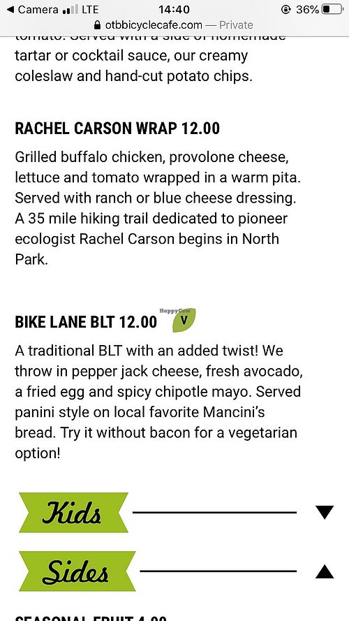 Menu at OTB Bicycle Cafe in Mccandless