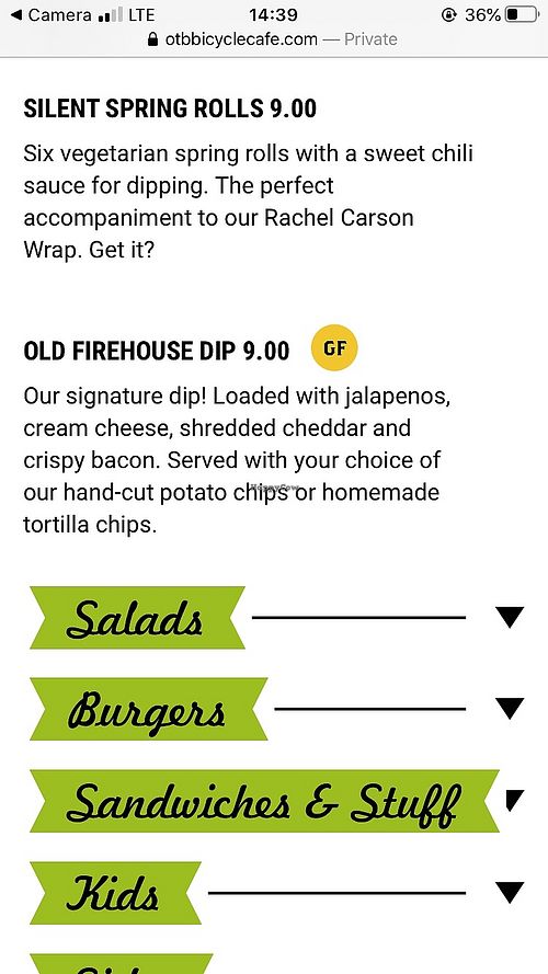 Menu at OTB Bicycle Cafe in Mccandless