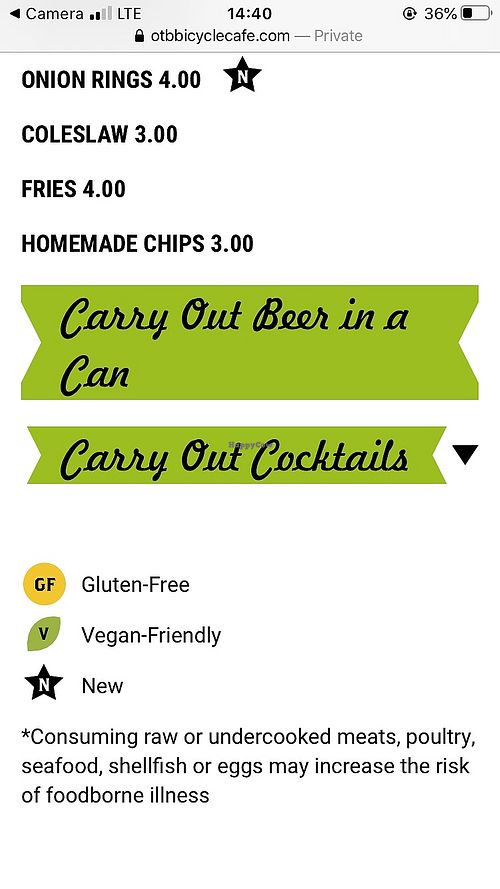 Vegan friendly label  at OTB Bicycle Cafe in Mccandless