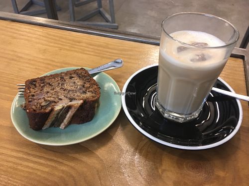 Ice latte and banana bread at Buna in Lisbon