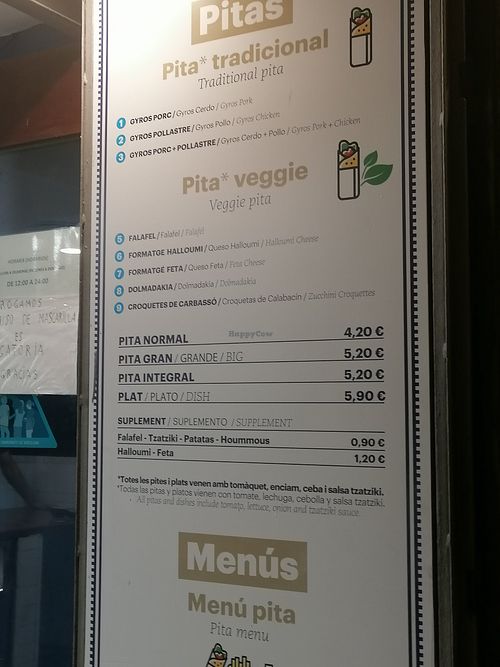 Vegetarian menu at Pita Gyros Gòtic in Barcelona