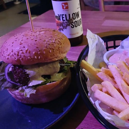 Crispy Chicken (seitan) burger and chips at Vegan Place in Tbilisi
