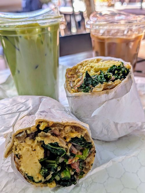 Breakfast burrito with just egg and iced matcha latte and cappuccino at Little Barn Coffee House in Los Angeles