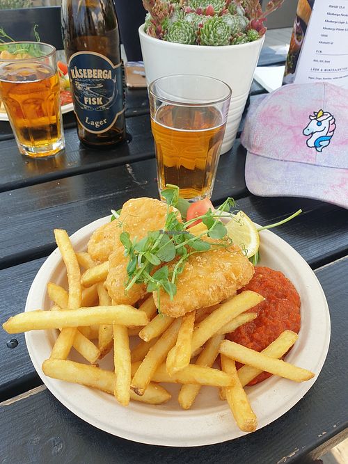 The fish and chips with a local beer! at Kåseberga Fisk AB in Loderup