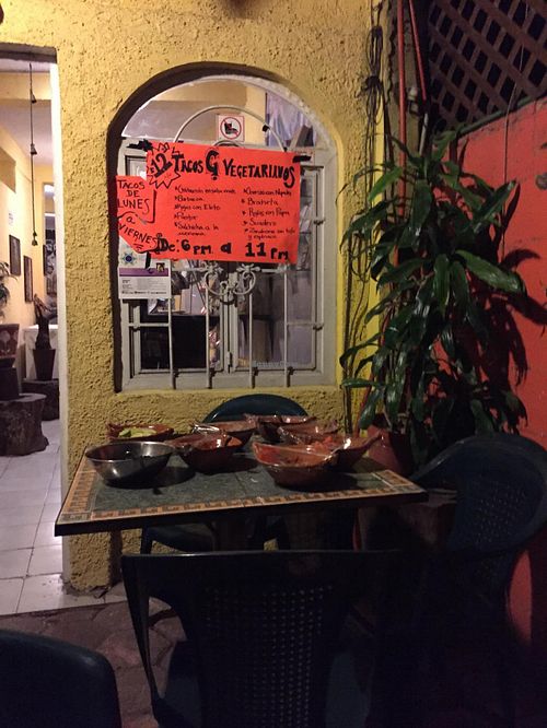 The list of fillings and table of salsas. at Gopals - Vegetariano's in Cancun