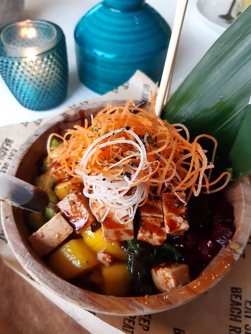 Vegan pokebowl/salad with tofu at Habana Beach in The Hague