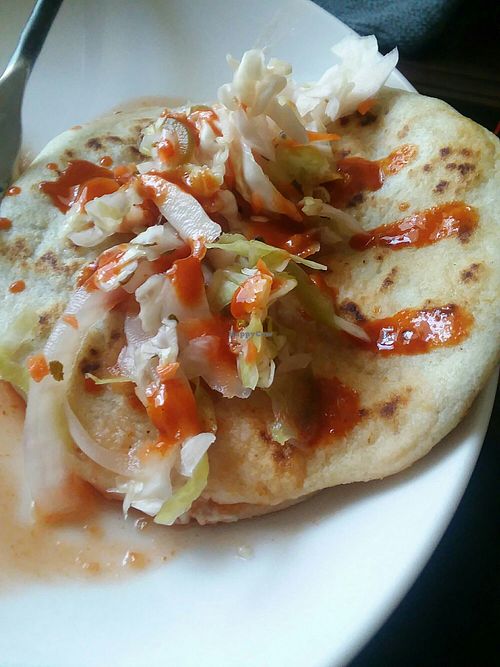 Vegan jackfruit revuelta with curtido (and hot sauce from home.) Yum! at Chévere in Sacramento