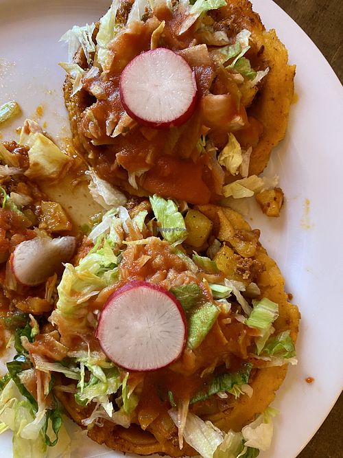 Amazing sopes with potato and soy chorizo  at Maria's Mexican Restaurant in South Lake Tahoe