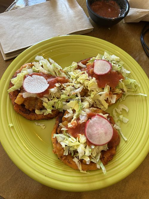 Vegan sopes with potato and soy chorizo - tasty!   at Maria's Mexican Restaurant in South Lake Tahoe