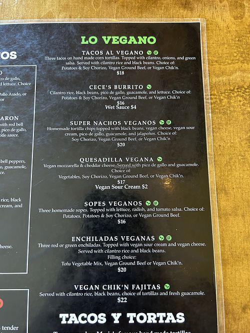 Vegan menu   at Maria's Mexican Restaurant in South Lake Tahoe