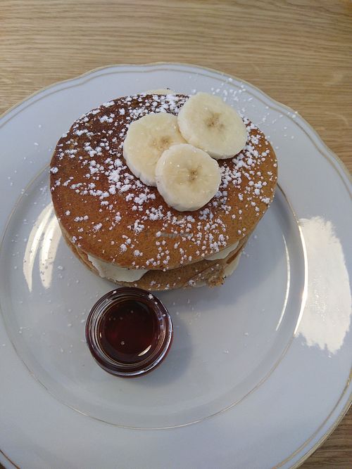 Vegan Buckwheat pancake with banana slices & maple syrup at Carli's Coffee in Echternach