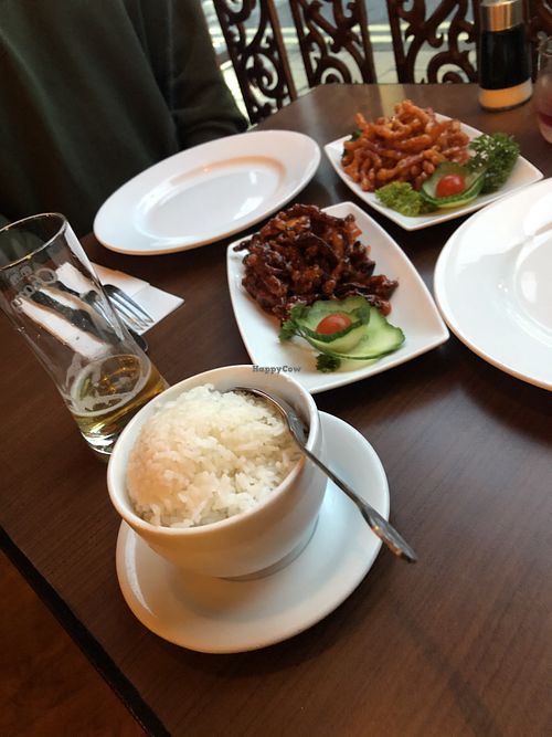 Crispy beef and chicken with rice at The Orchid Vegan Restaurant in York