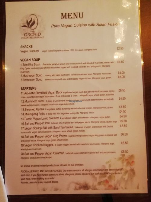Menu 1 at The Orchid Vegan Restaurant in York